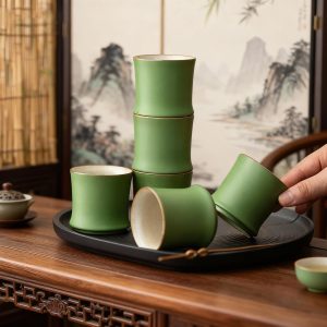 Ceramic Bamboo Kung Fu Tea Set – Jingdezhen Green Bamboo Tea Cups, Host Cup, Handmade Teaware, Chinese Tea Set, Zen Home Decor Gift